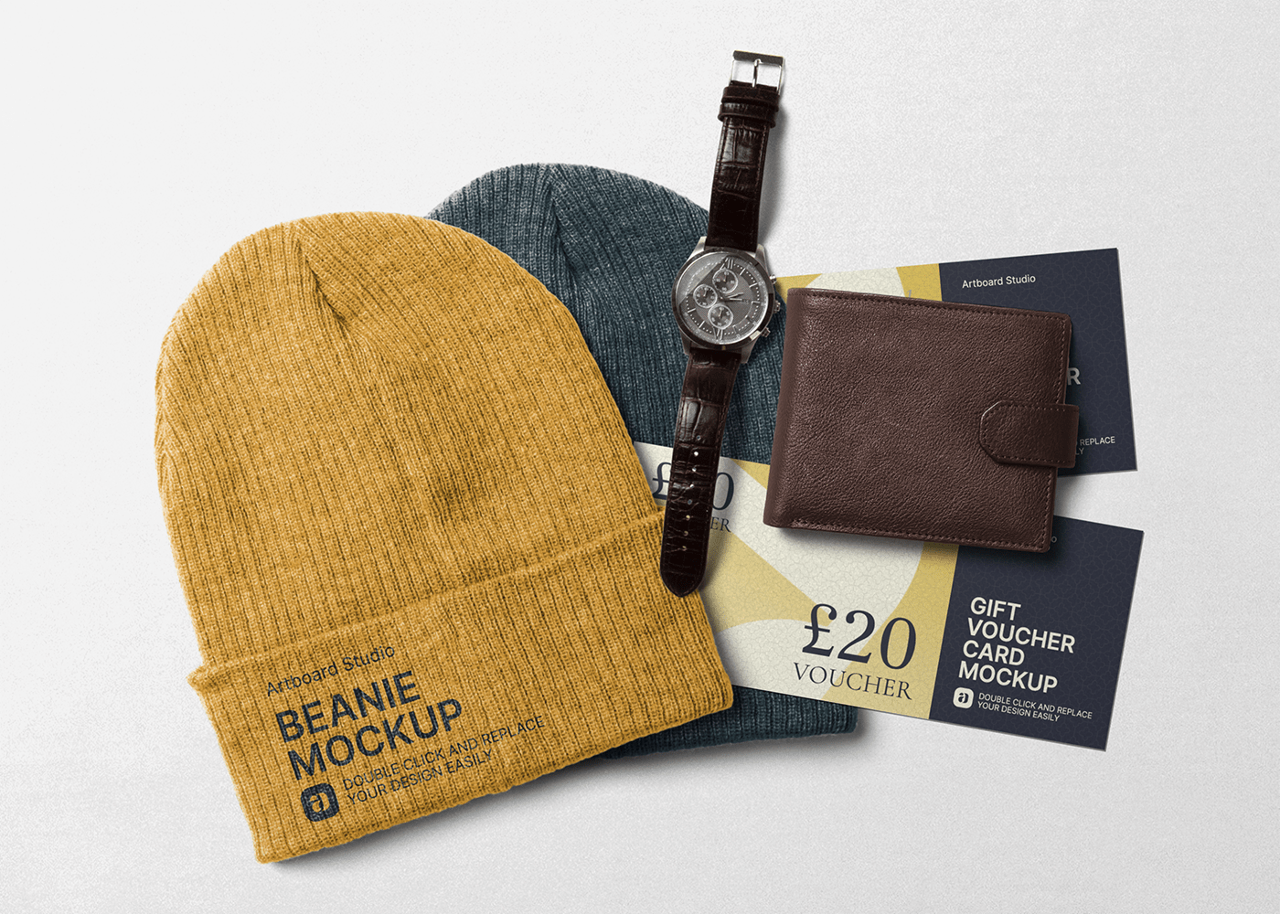 Blank winter gray knitted wool beanie hat cap mockup with free space for your design. Beanie Apparel And Gift Voucher Card Mockup Scene