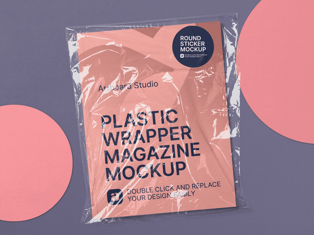 Place your own magazine cover design, change the background color and adjust the shadow. Plastic Wrapper Magazine Mockup Scene