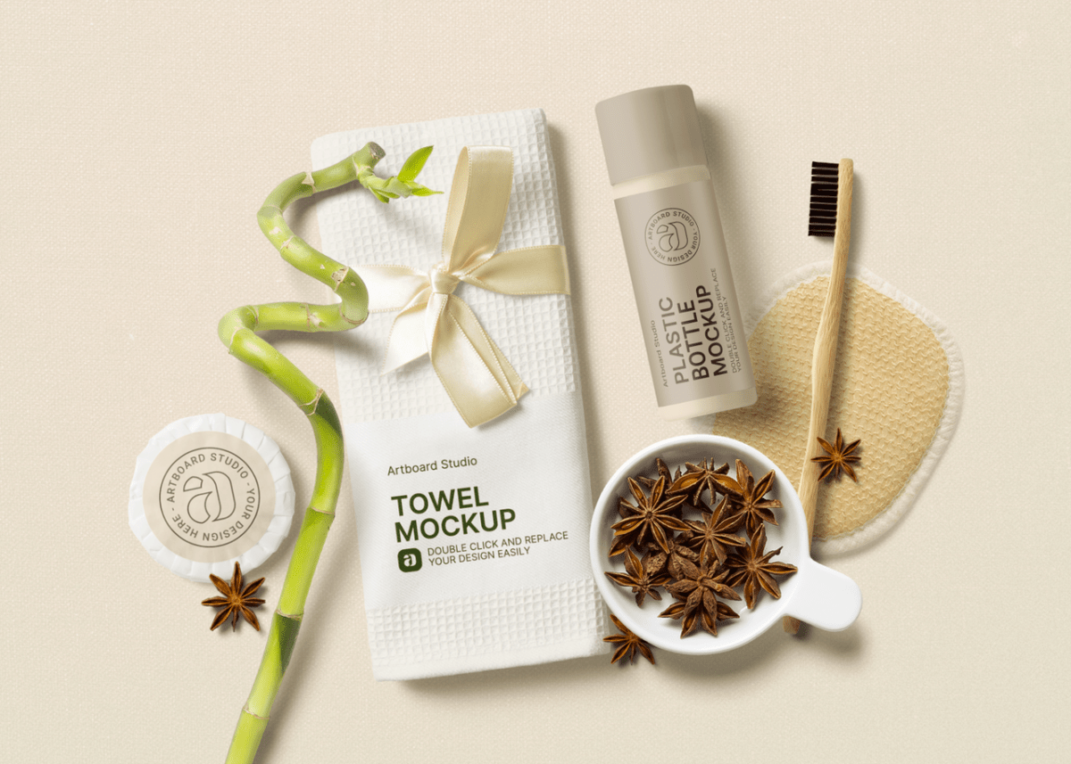 Free restaurant mockup · free burger restaurant mockup · restaurant menu mockup scenes · hotel amenity / branding mockup · hotel identity mockup. Hotel Bathroom Amenities Mockup Scene